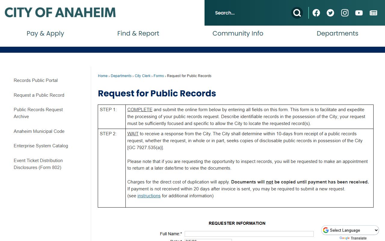 Anaheim white pages city records request portal