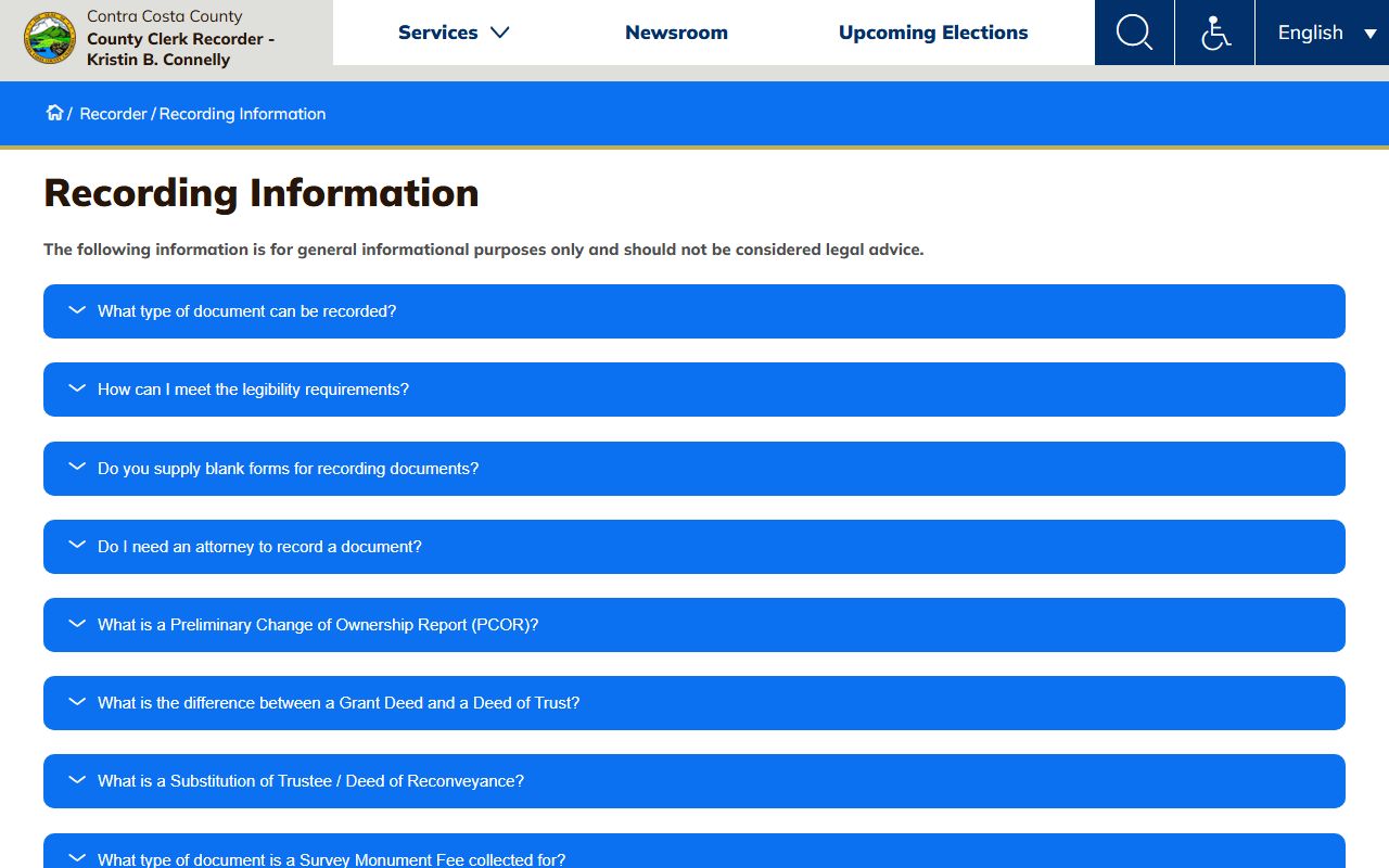 Contra Costa County white pages recorder general information page