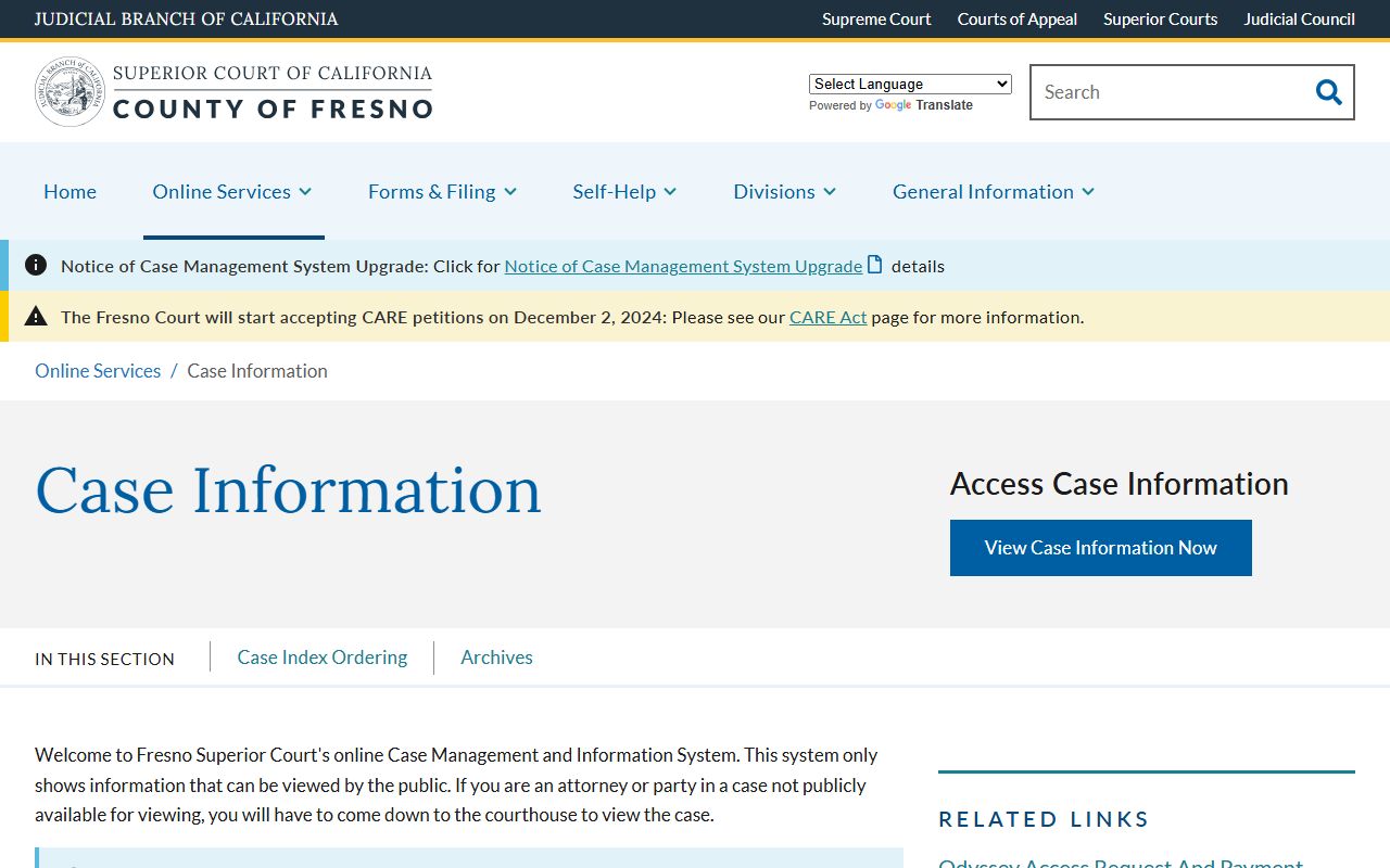 Fresno County white pages court case information page