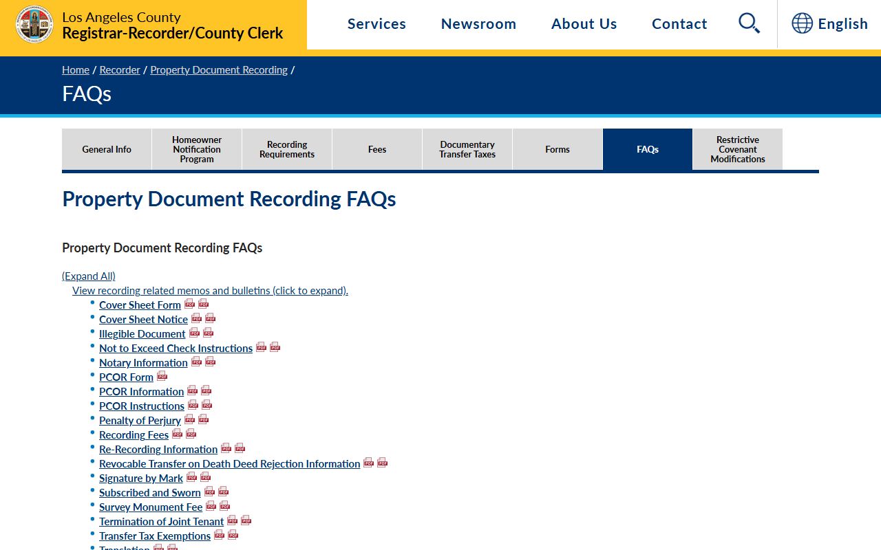 Los Angeles County white pages recorder FAQ page