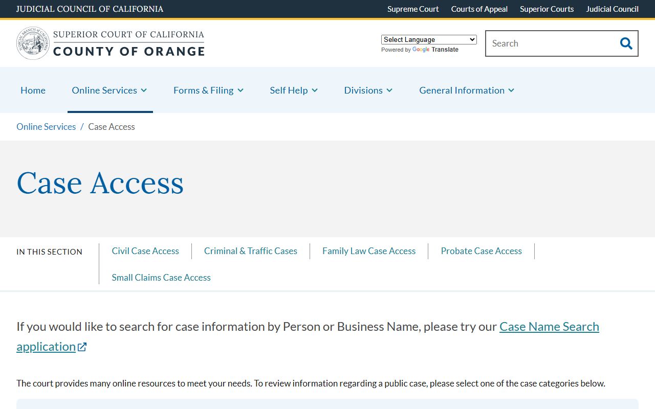 Orange County Superior Court case access portal for white pages