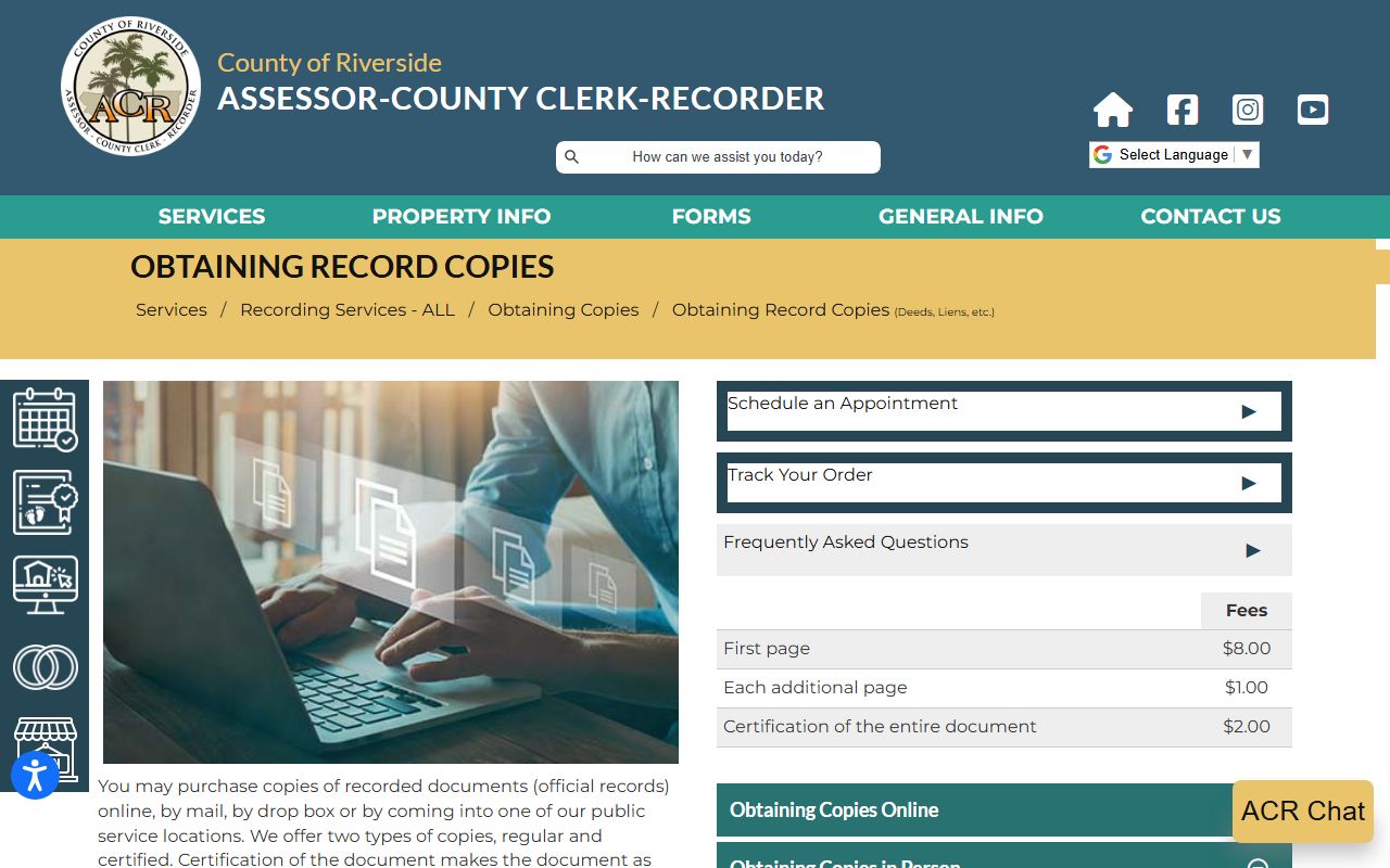 Riverside County record copy fees and ordering information