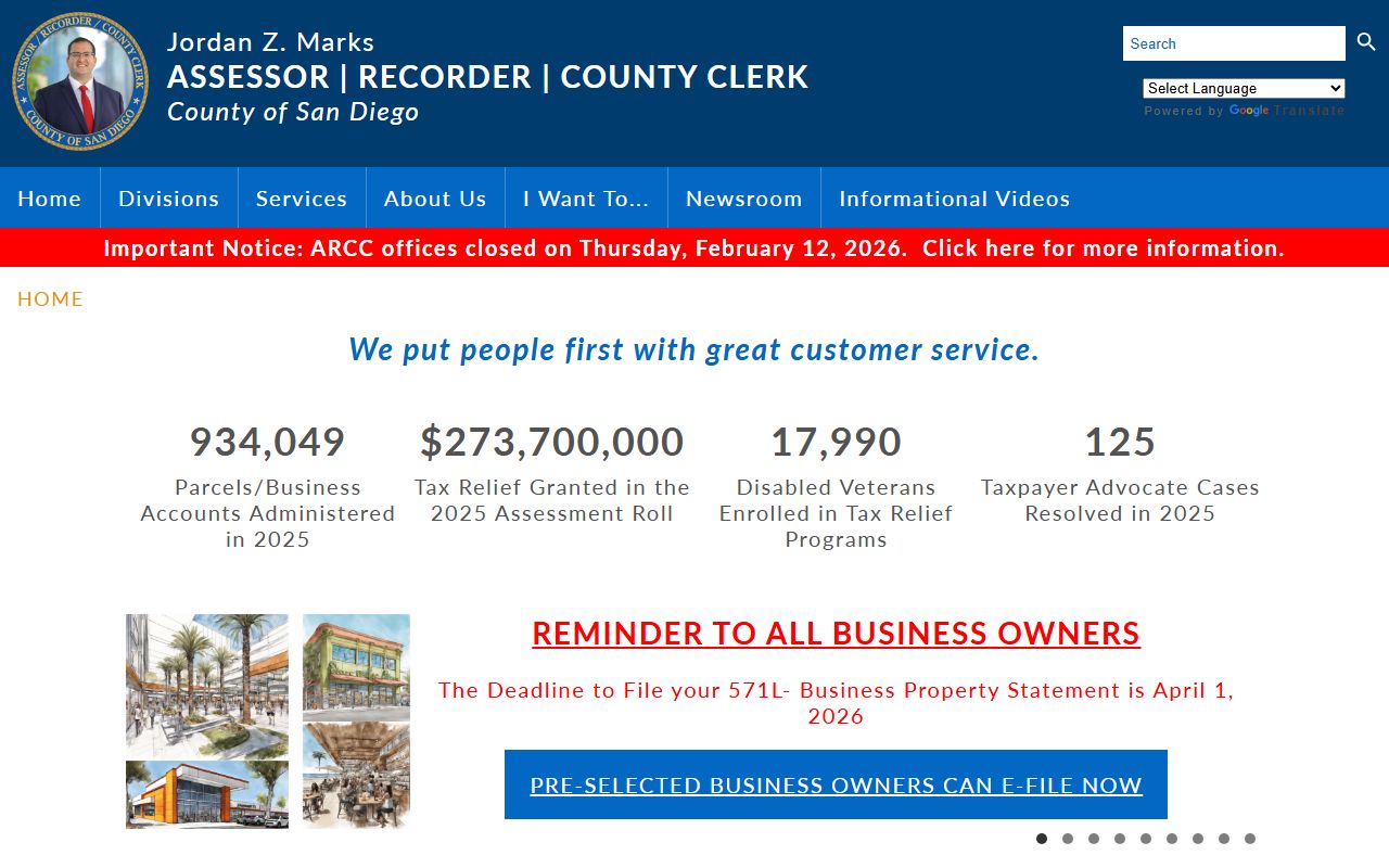 San Diego County white pages assessor recorder clerk main page