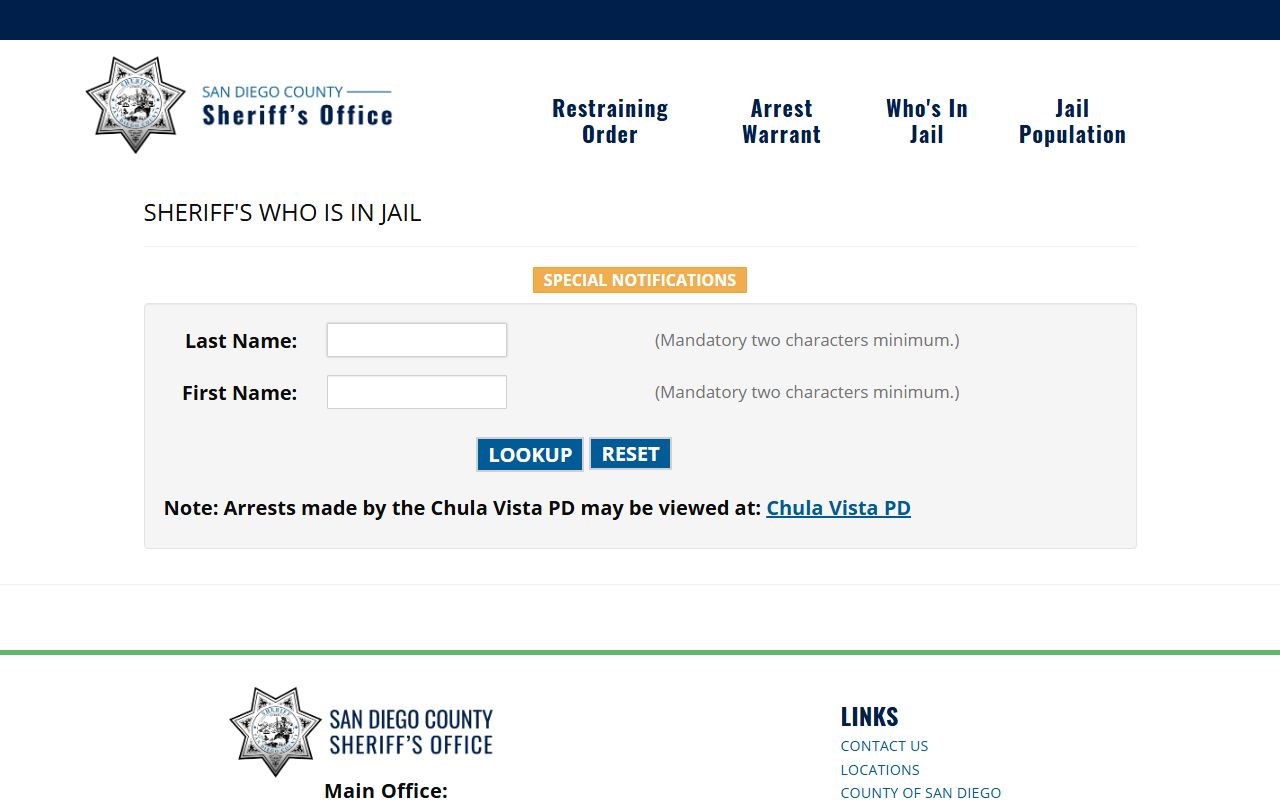 San Diego County white pages sheriff inmate search tool