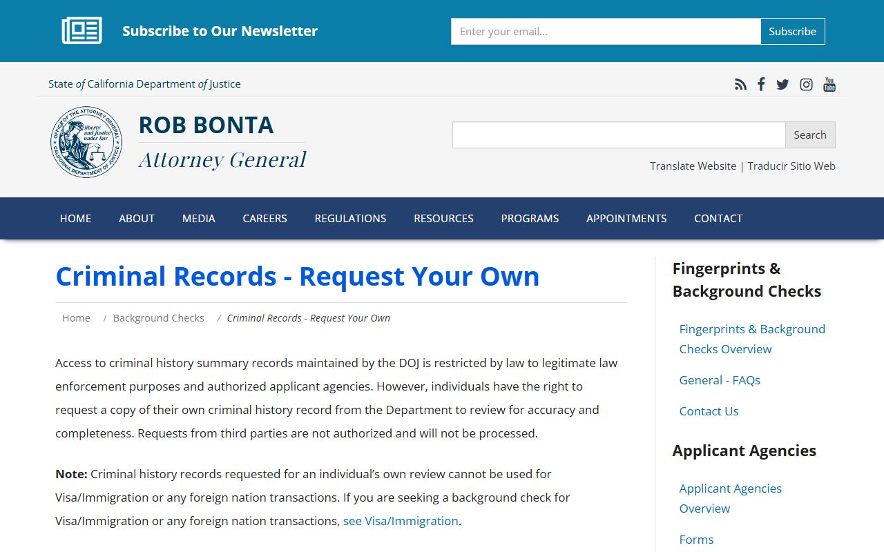 California white pages criminal record review request page