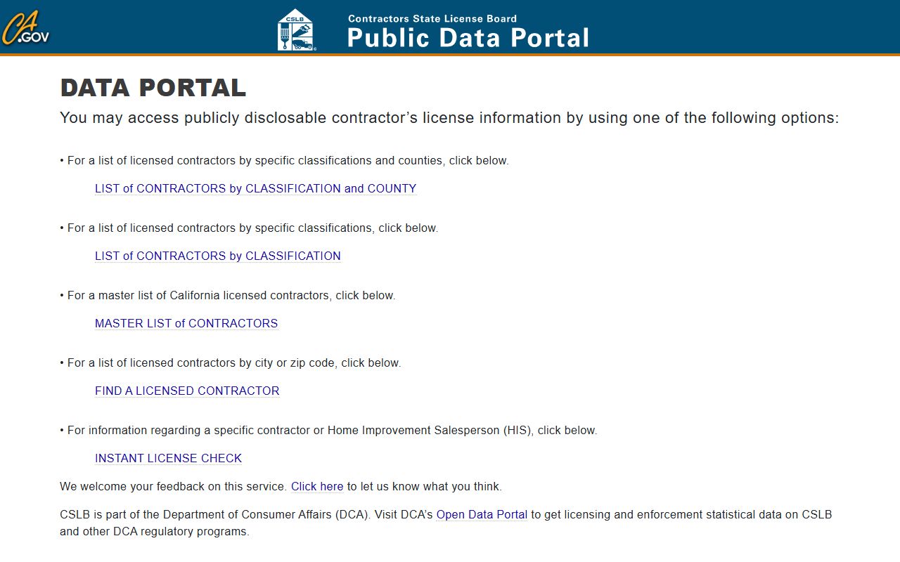 California white pages CSLB data portal