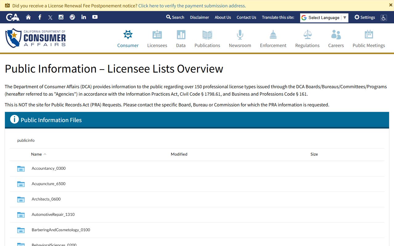 California white pages DCA bulk data download page