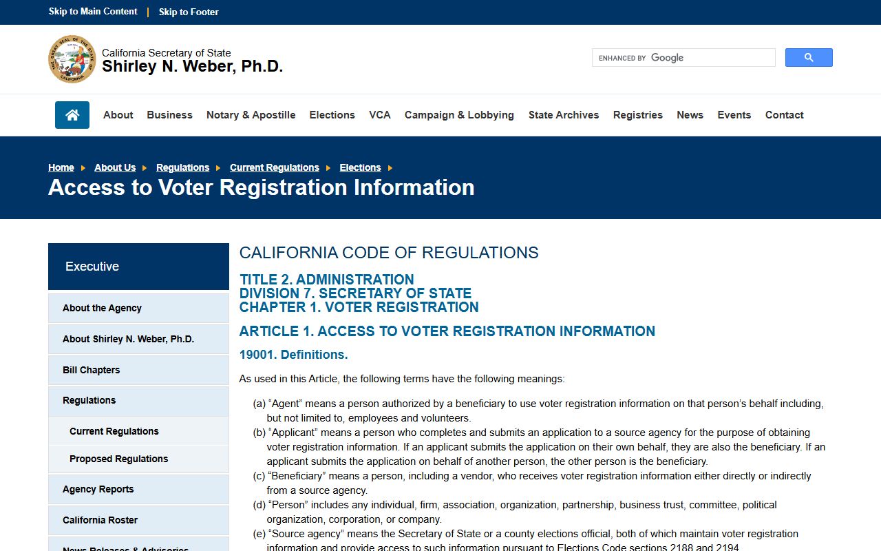 California white pages voter access regulations page